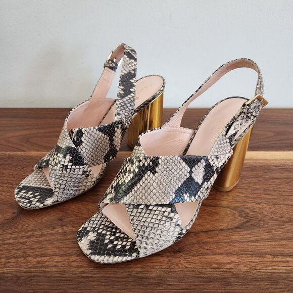 Kate Spade Snake Skin Animal Print High Gold Heel Slingback Sandals Size 8 - Picture 1 of 11